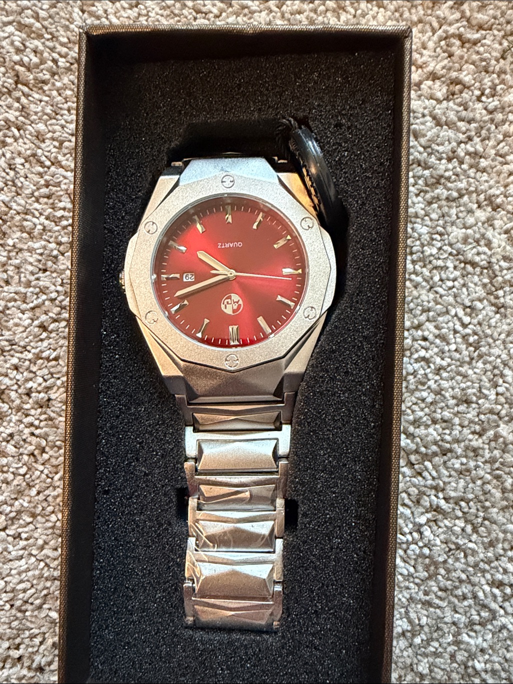 Silver Bracelet Watch With Red Dial